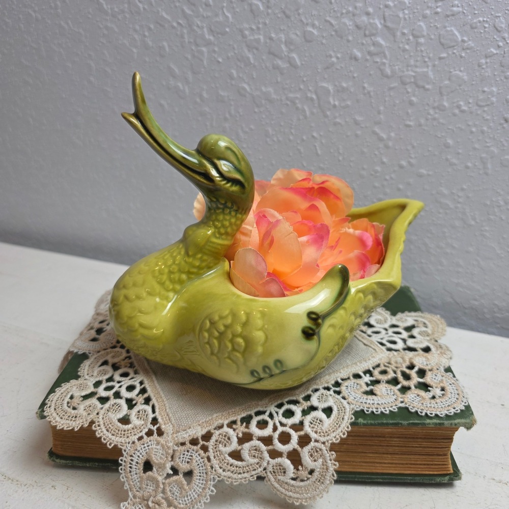 Vintage Hull Pottery MCM Green Ceramic Duck Planter Chartreuse Drip Glaze